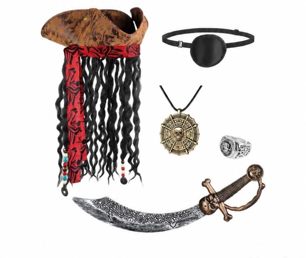 Pirate Costume Accessory Set Hat With Dreads Eyepatch Sword Ring